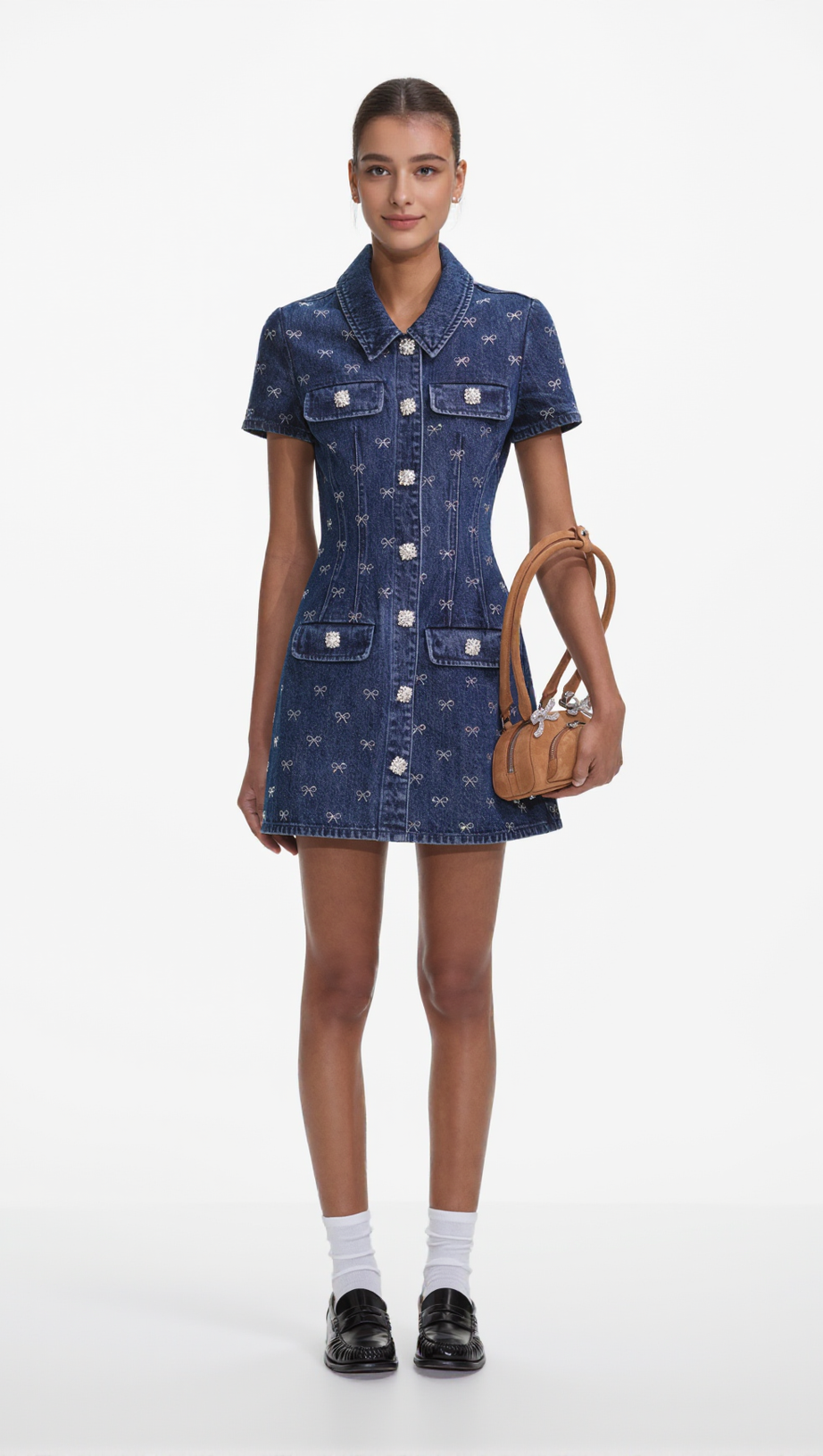 DENIM DIAMANTE BOW COLLARED MINI DRESS