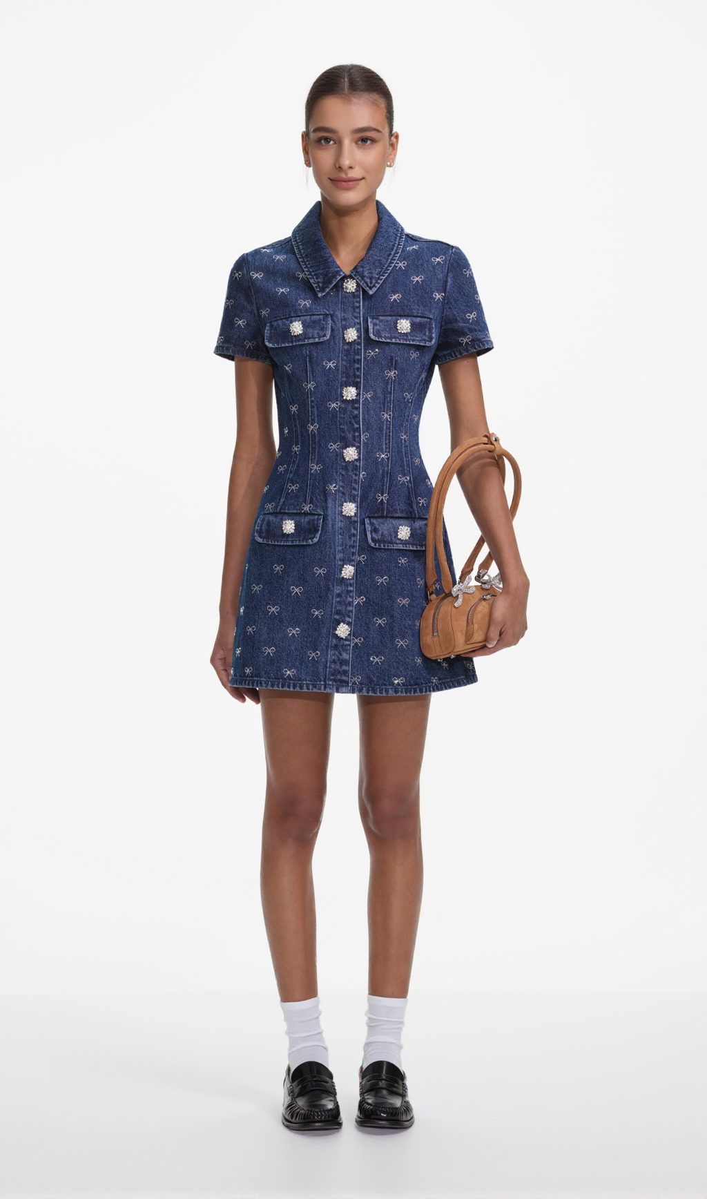 DENIM DIAMANTE BOW COLLARED MINI DRESS