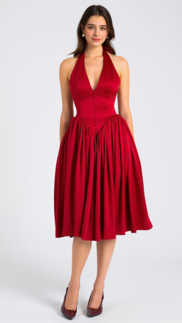 AIIZIE WENDY PLUNGING HALTER BACKLESS MAXI DRESS IN RED - product image