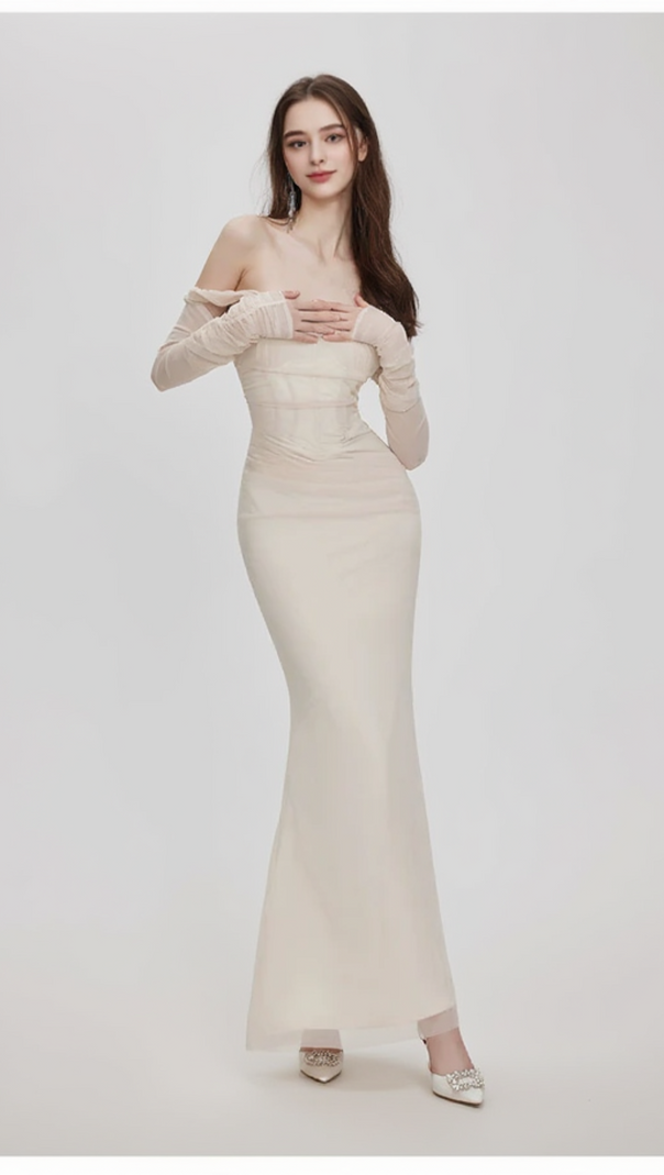 AIIZIE ARIEL APRICOT MESH OFF-SHOULDER MERMAID MAXI DRESS - product image