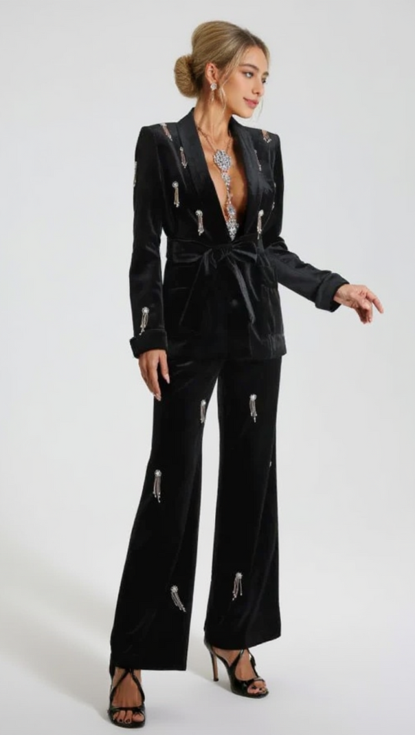 AIIZIE VELVET DIAMOND EMBELLISHED BLAZER 2 PIECE IN BLACK - product image