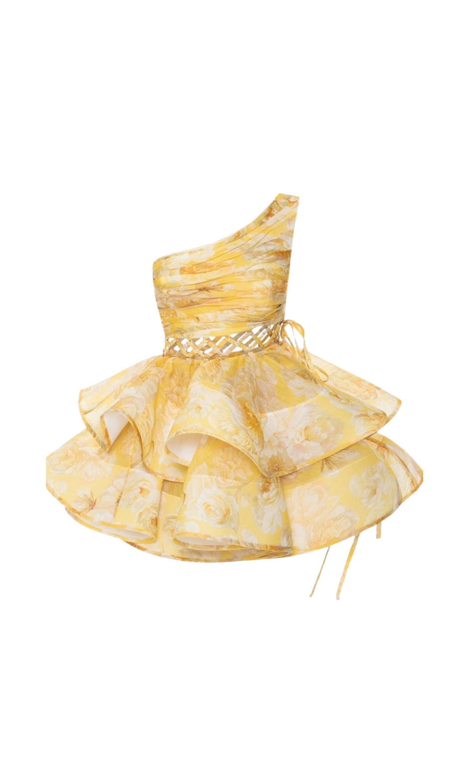 ABITO MINI IN CHIFFON MONOSPALLA CON STAMPA FLOREALE GIALLA GAIL