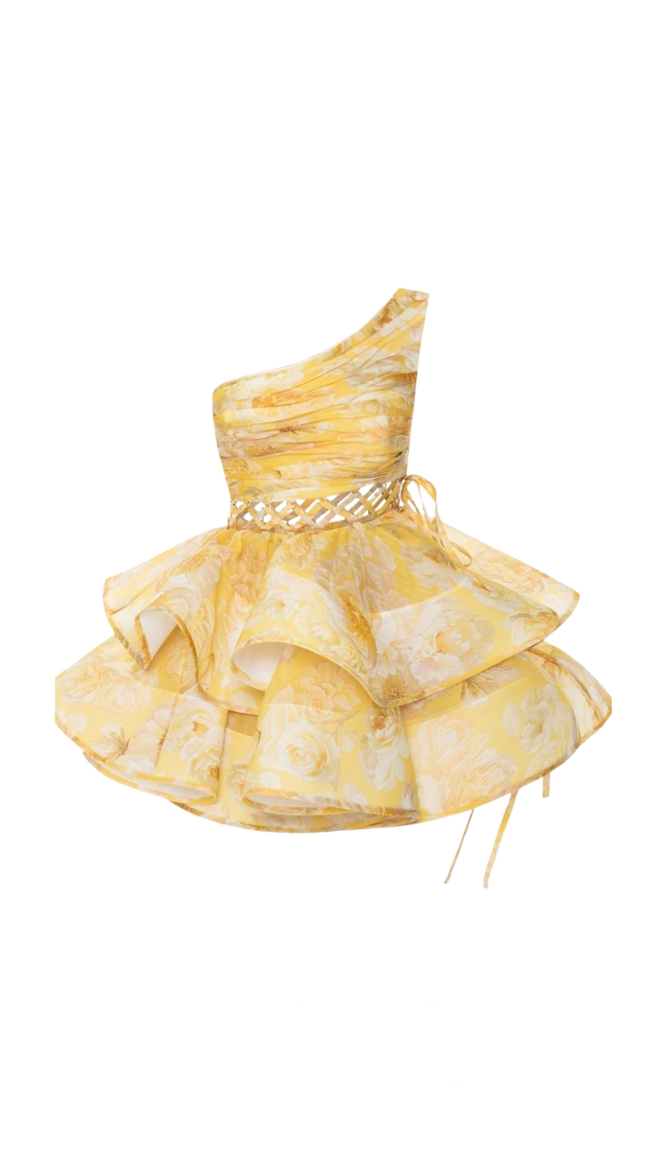 GAIL GELBES MINI-CHIFFONKLEID MIT BLUMENDRUCK UND EINER SCHULTER