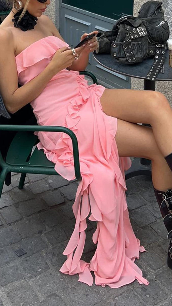 AIIZIE STRAPLESS RUFFLE MAXI DRESS IN PINK - product image