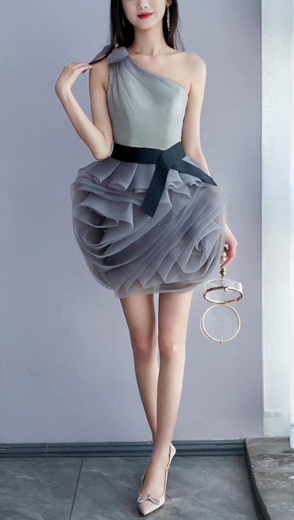 ONE SHOULDER MESH MINI DRESS IN GREY