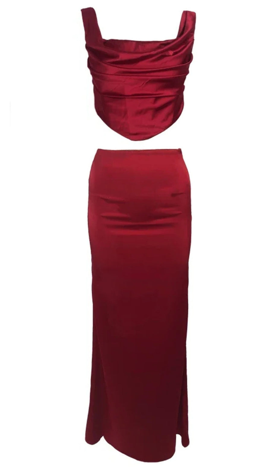 Abito lungo in due pezzi con corsetto drappeggiato rosso