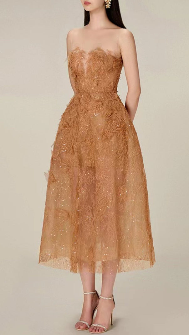 AIIZIE CARAMEL FLORAL LACE EMBROIDER MIDI DRESS - product image