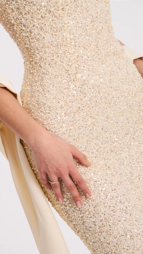 RAIZEL GOLD BEADED SEQUIN BODYCON GOWN WITH SCARF MAXI DRESS