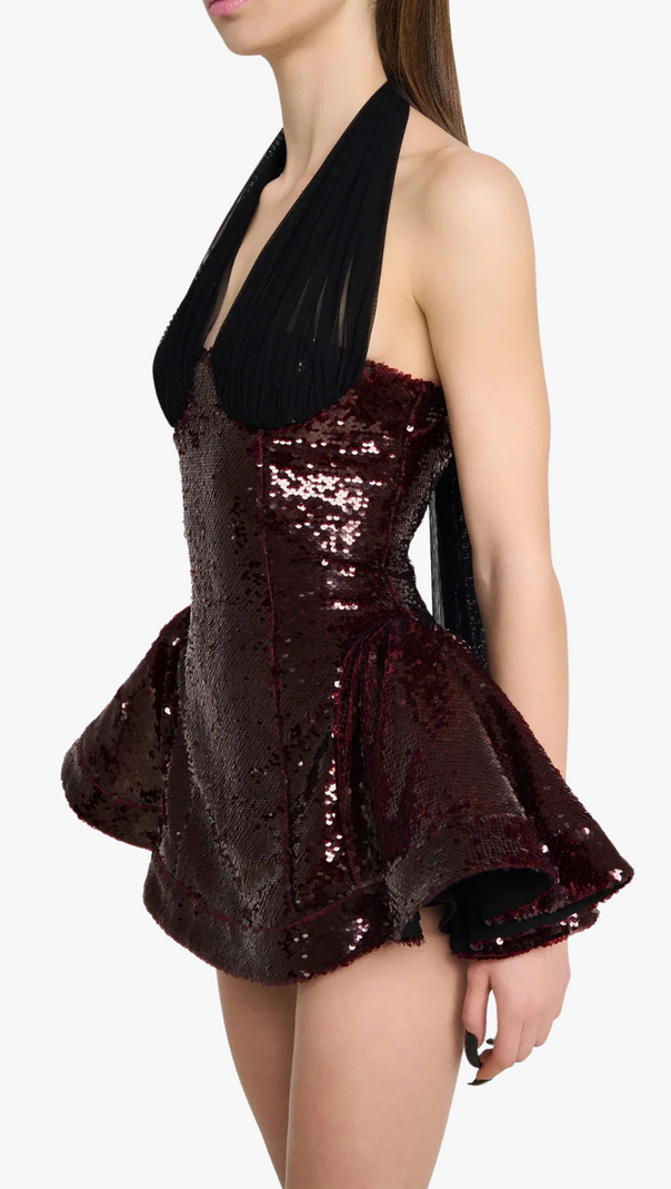 AIIZIE GISELLE SEQUIN HALTER MINI DRESS IN MERLOT - product image