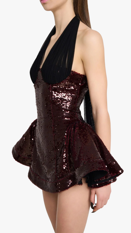 Giselle – Neckholder-Minikleid mit Pailletten in Merlot