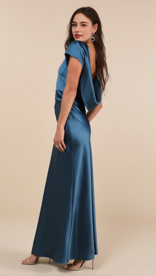 AIIZIE SATIN COWL BACK MAXI DRESS IN DARK TEAL - product image