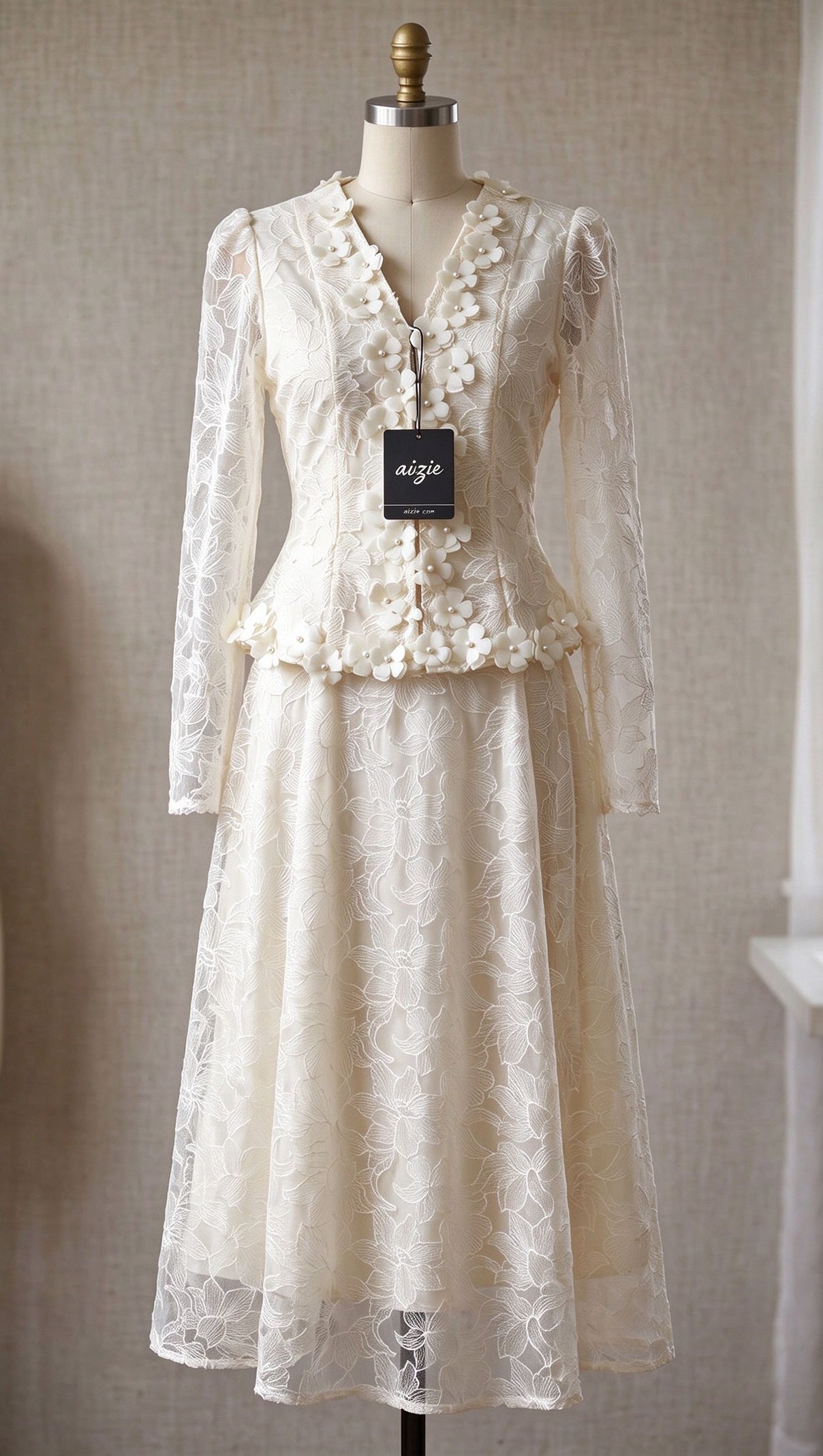 Cream Floral Lace Peplum Top & A-Line Midi Skirt Two-Piece Set
