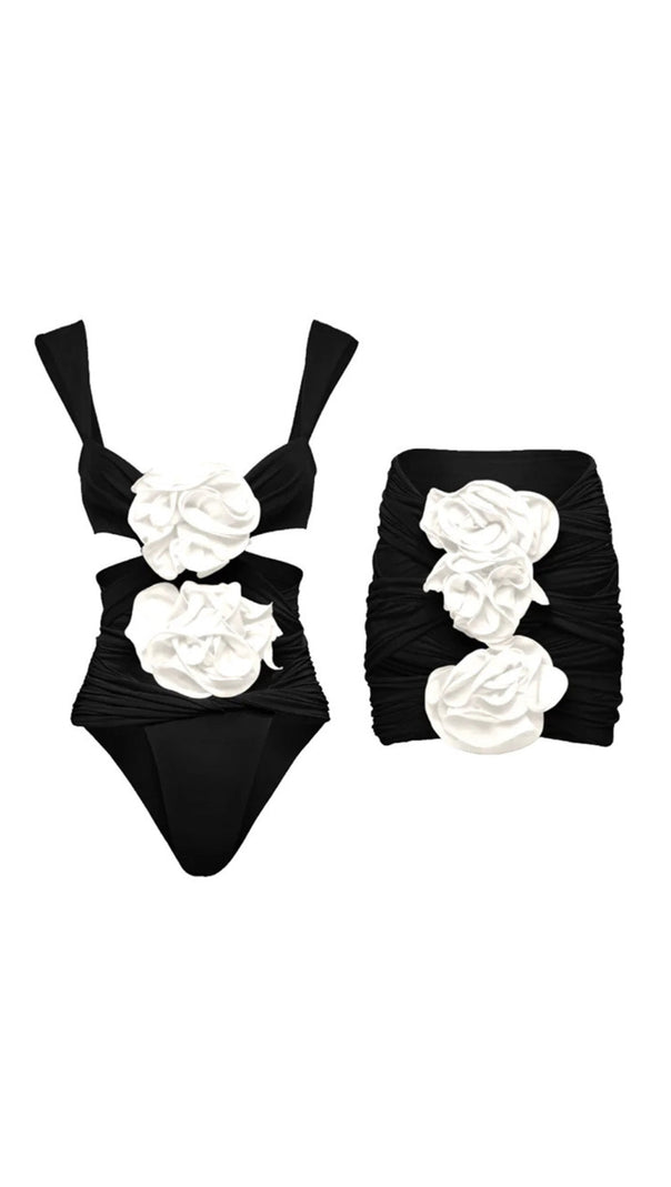 AIIZIE BLACK 3D FLOWER ONE PIECE SWIMSUIT AND SKIRT - product image