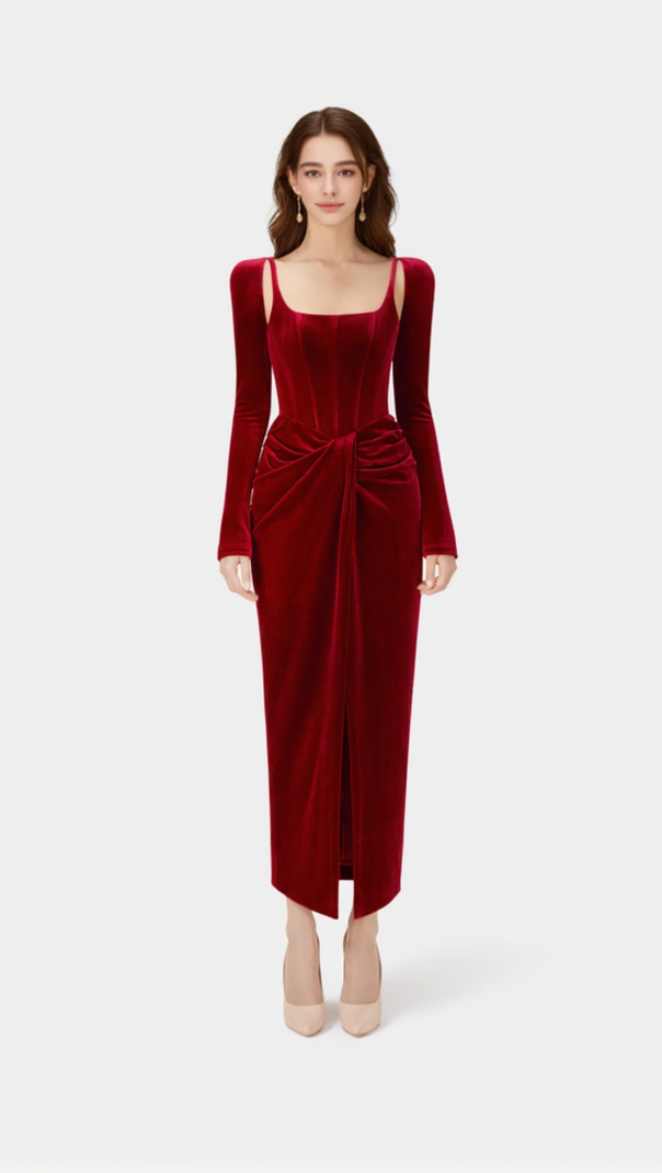 AIIZIE BORDEAUX VELVET DRAPED MIDI DRESS - product image