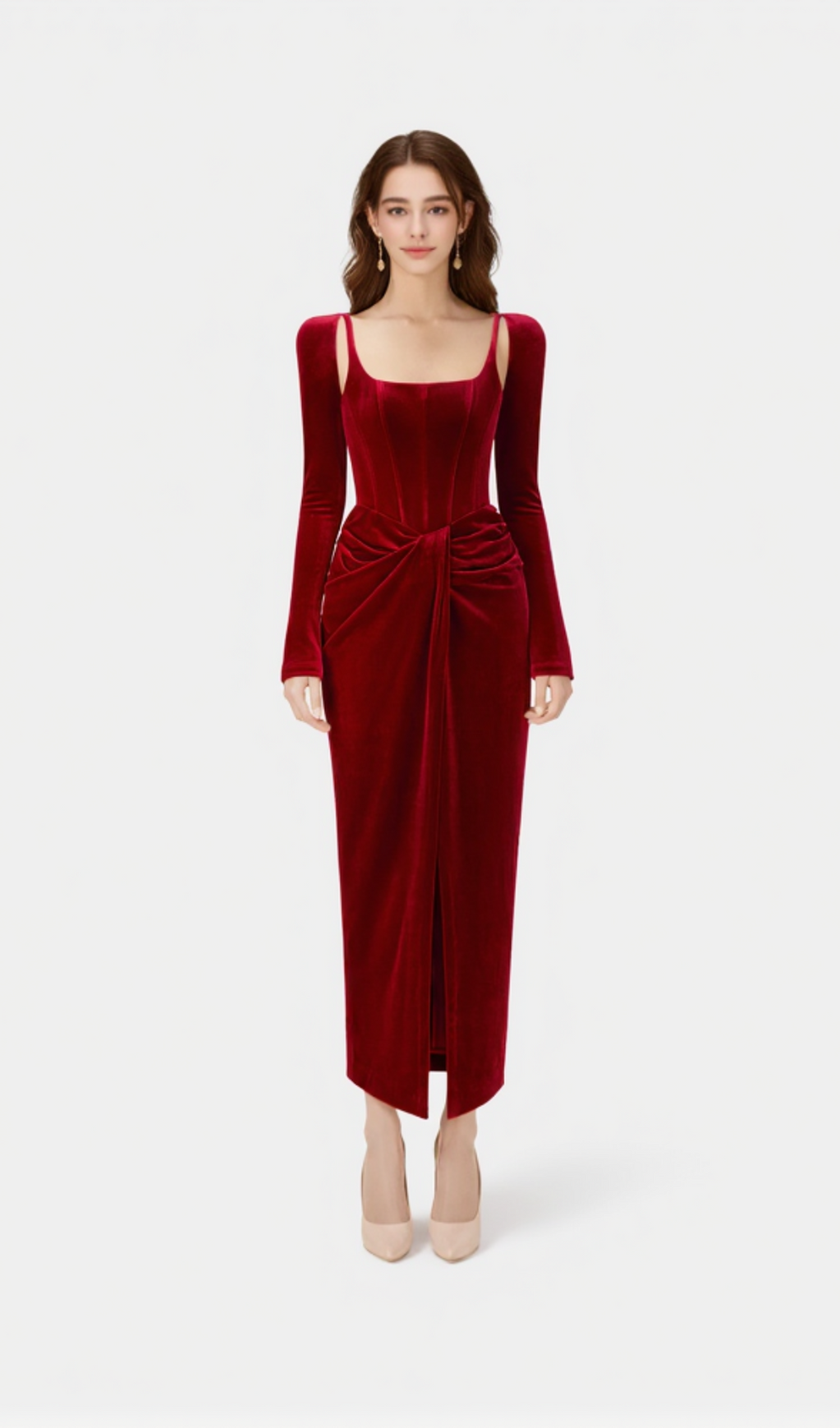BORDEAUX VELVET DRAPED MIDI DRESS