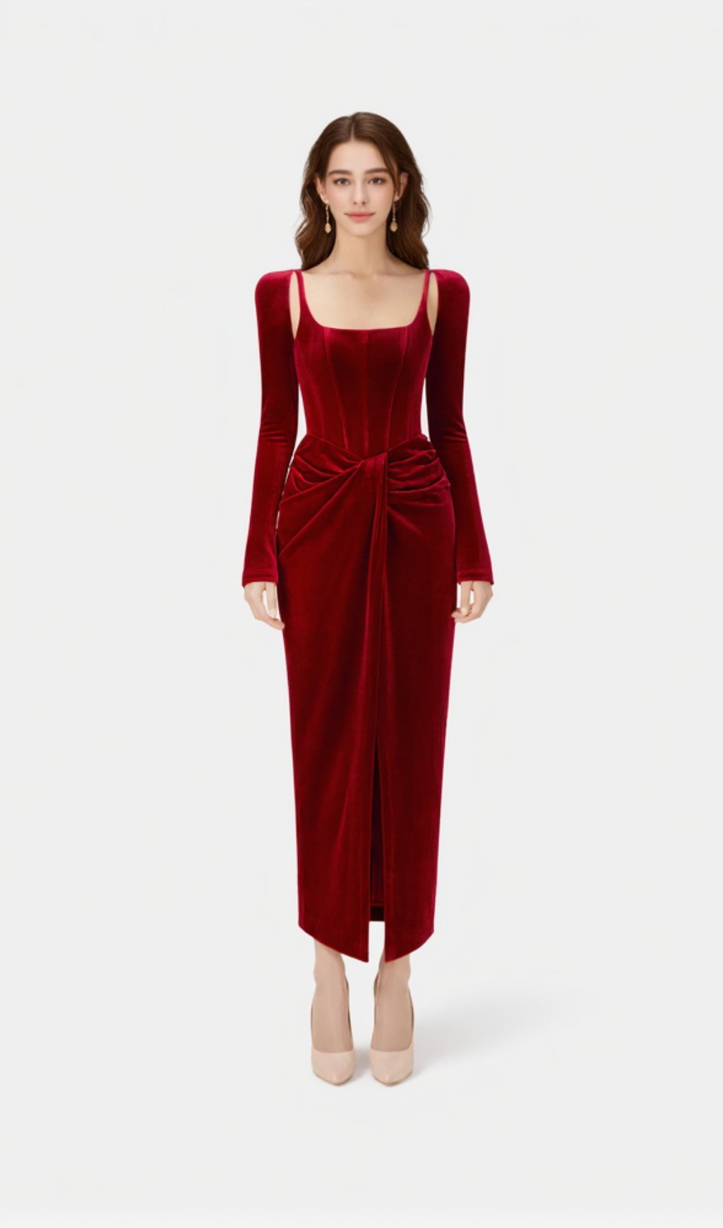 BORDEAUX VELVET DRAPED MIDI DRESS