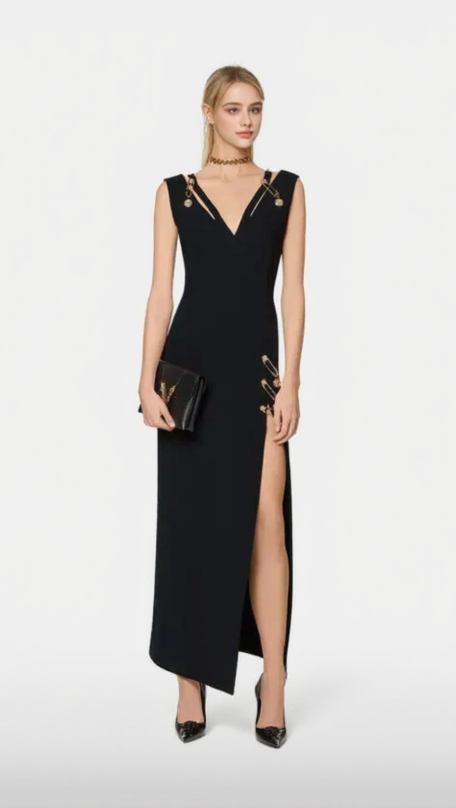 V-NECK PIN-EMBELLISHED MAXI DRESS IN BLACK
