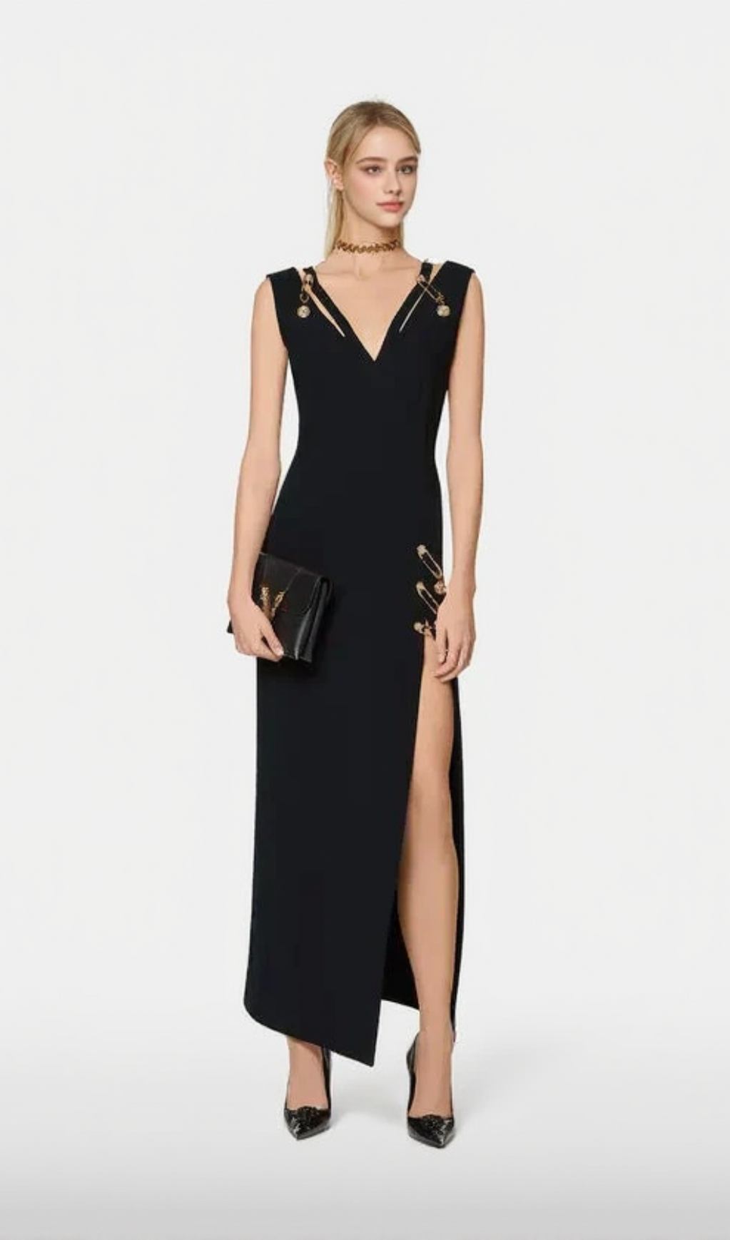 V-NECK PIN-EMBELLISHED MAXI DRESS IN BLACK