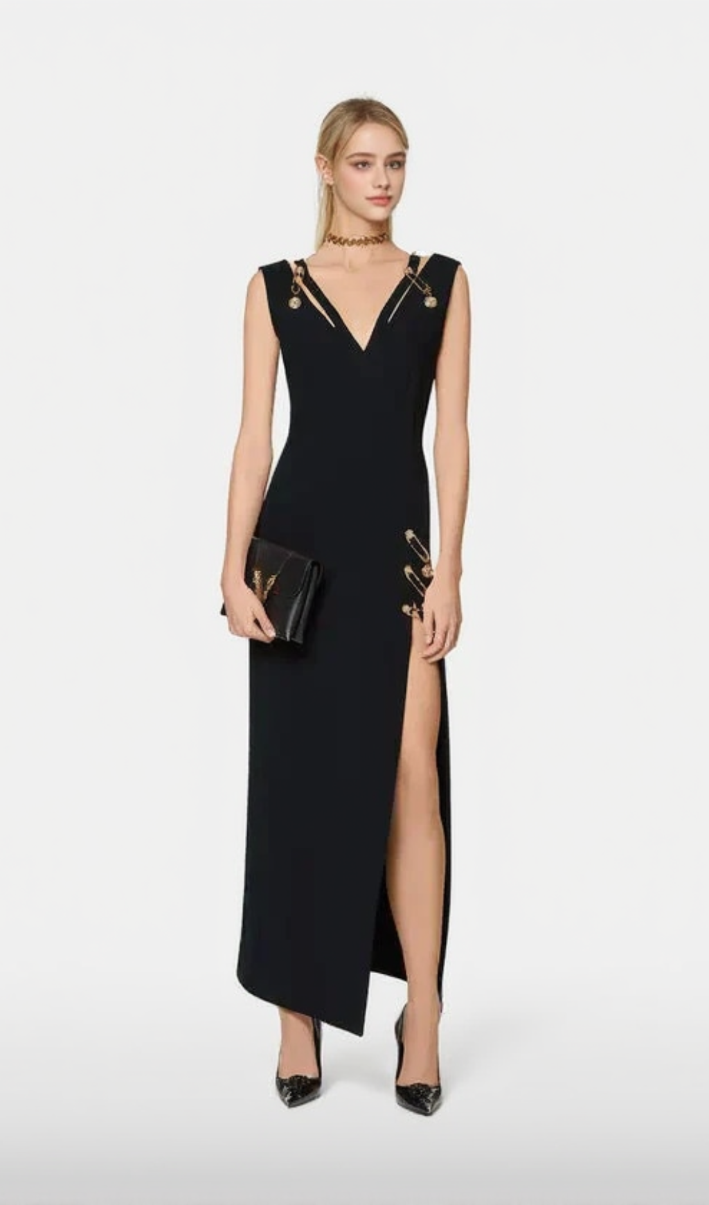 V-NECK PIN-EMBELLISHED MAXI DRESS IN BLACK