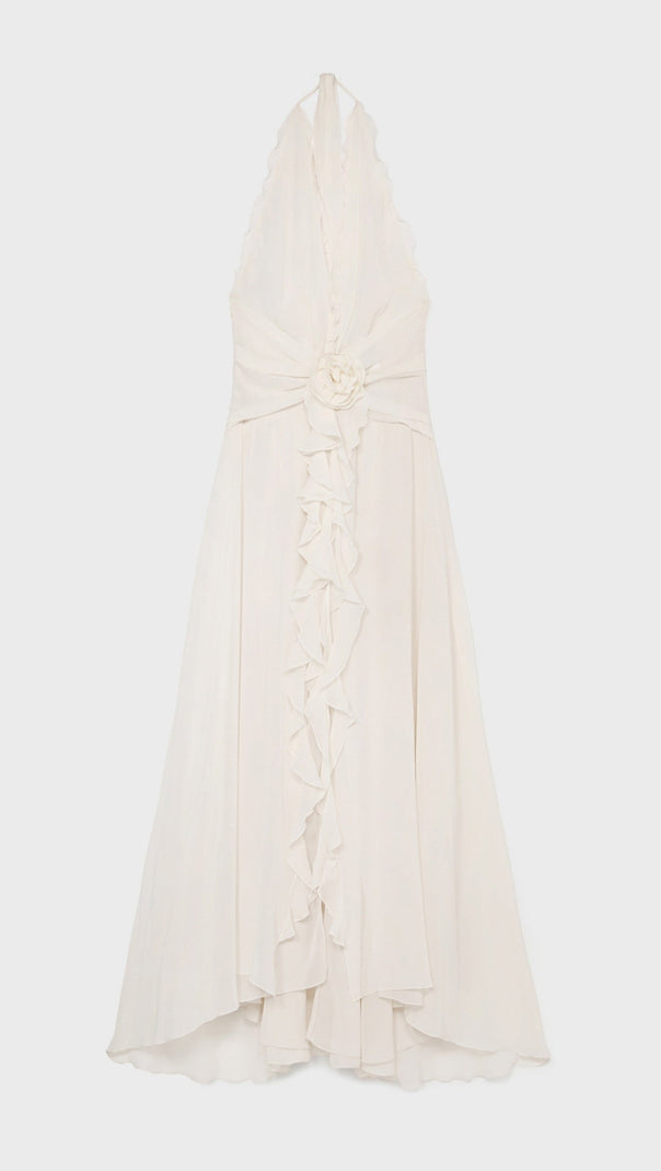 AIIZIE AONAVER FLORAL RUFFLE HALTER MAXI DRESS IN WHITE - product image