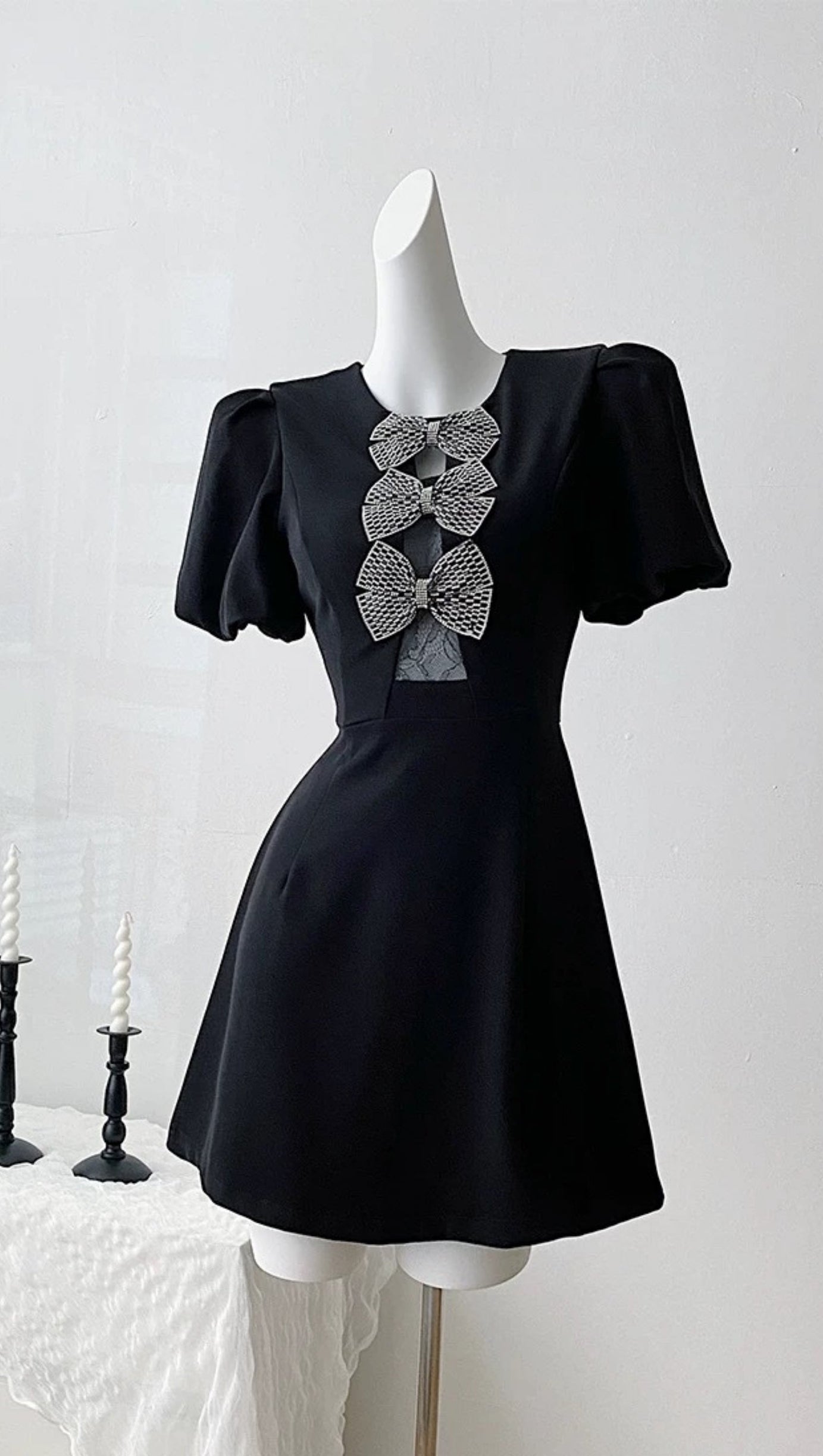 VANESSA BOW PUFF SLEEVE MINI DRESS IN BLACK