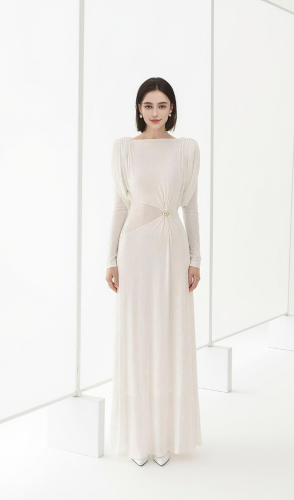 WHITE STRAIGHT BOAT NECK KNITTED FABRIC MAXI DRESS