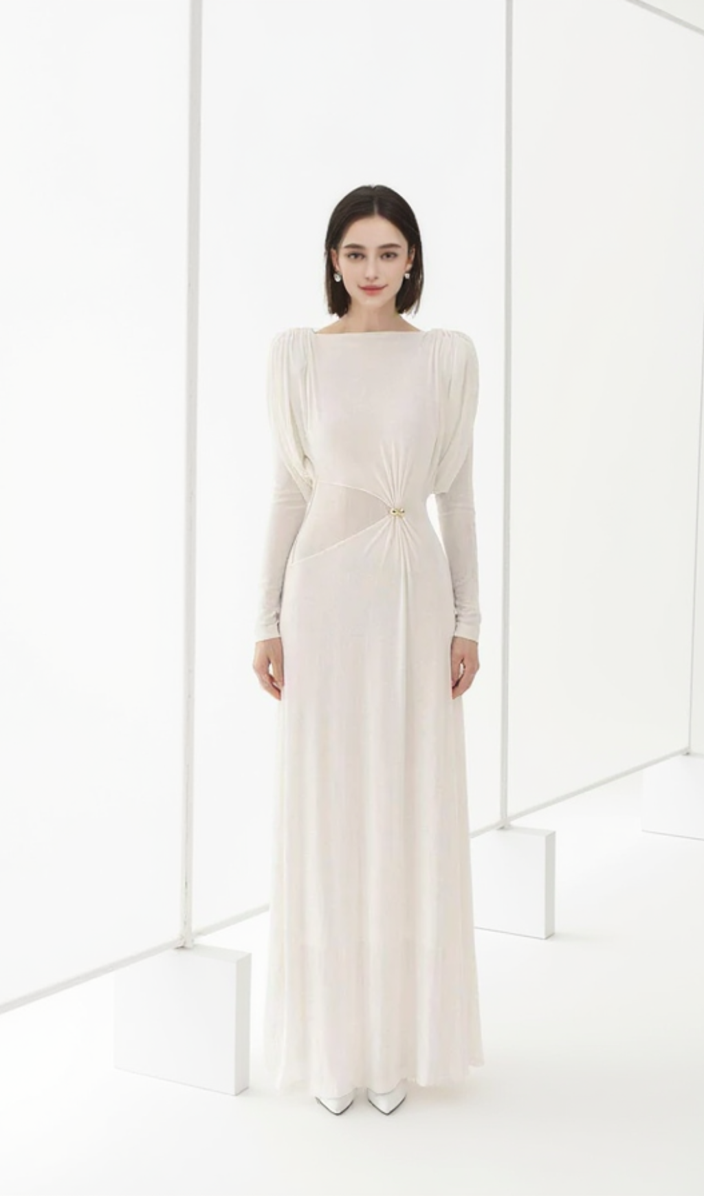 WHITE STRAIGHT BOAT NECK KNITTED FABRIC MAXI DRESS