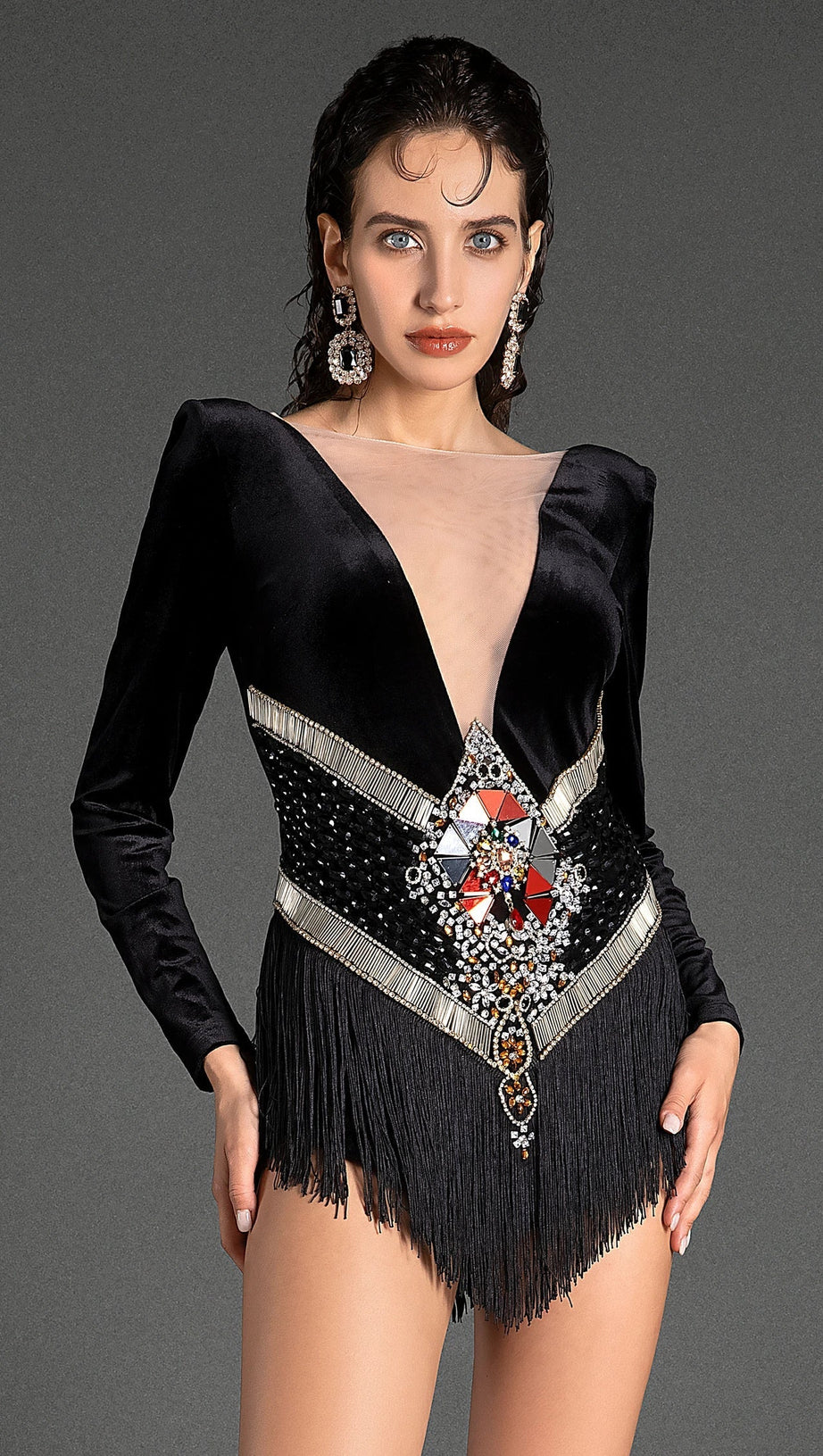 KANIADI LONG SLEEVE VELVET CRYSTAL FRINGE BODYSUIT