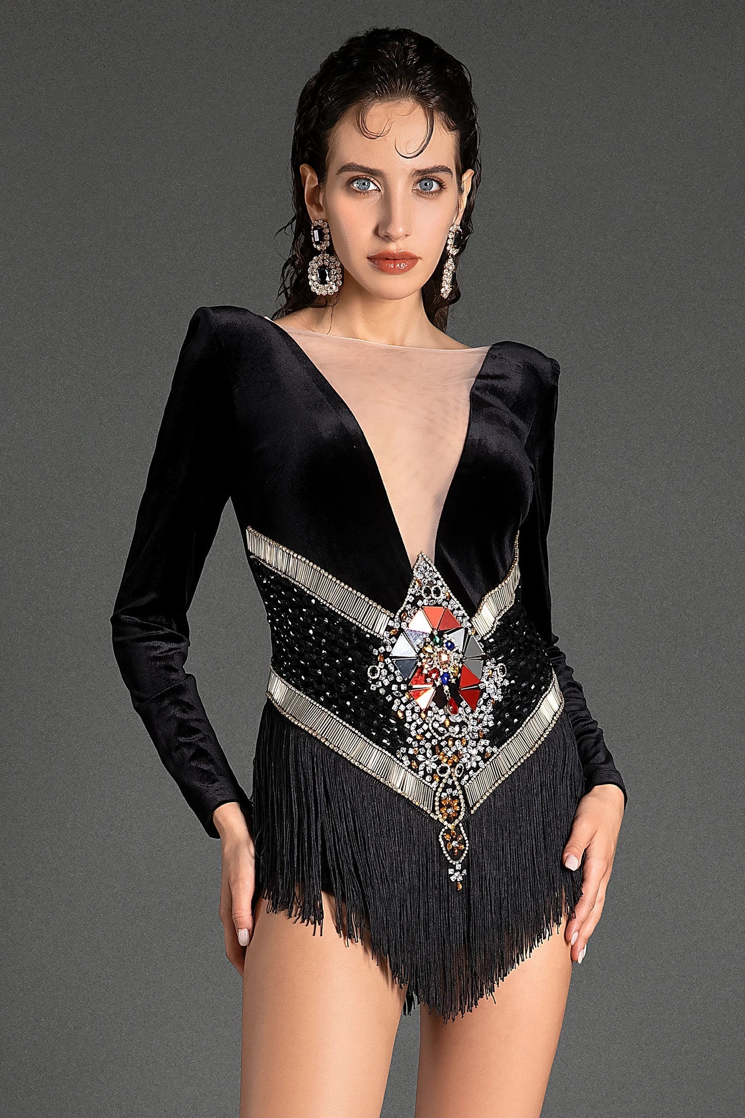 KANIADI LONG SLEEVE VELVET CRYSTAL FRINGE BODYSUIT