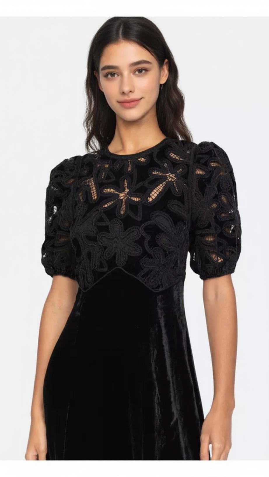 VELVET PUFF SLEEVE EMBROIDERED MIDI DRESS IN BLACK