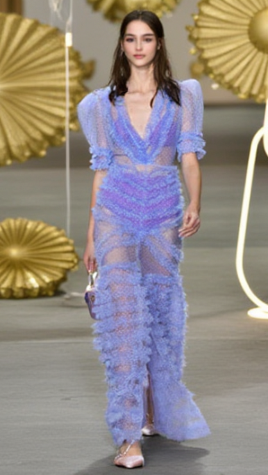 V-NECKLINE TIERED MESH GOWN IN BLUE