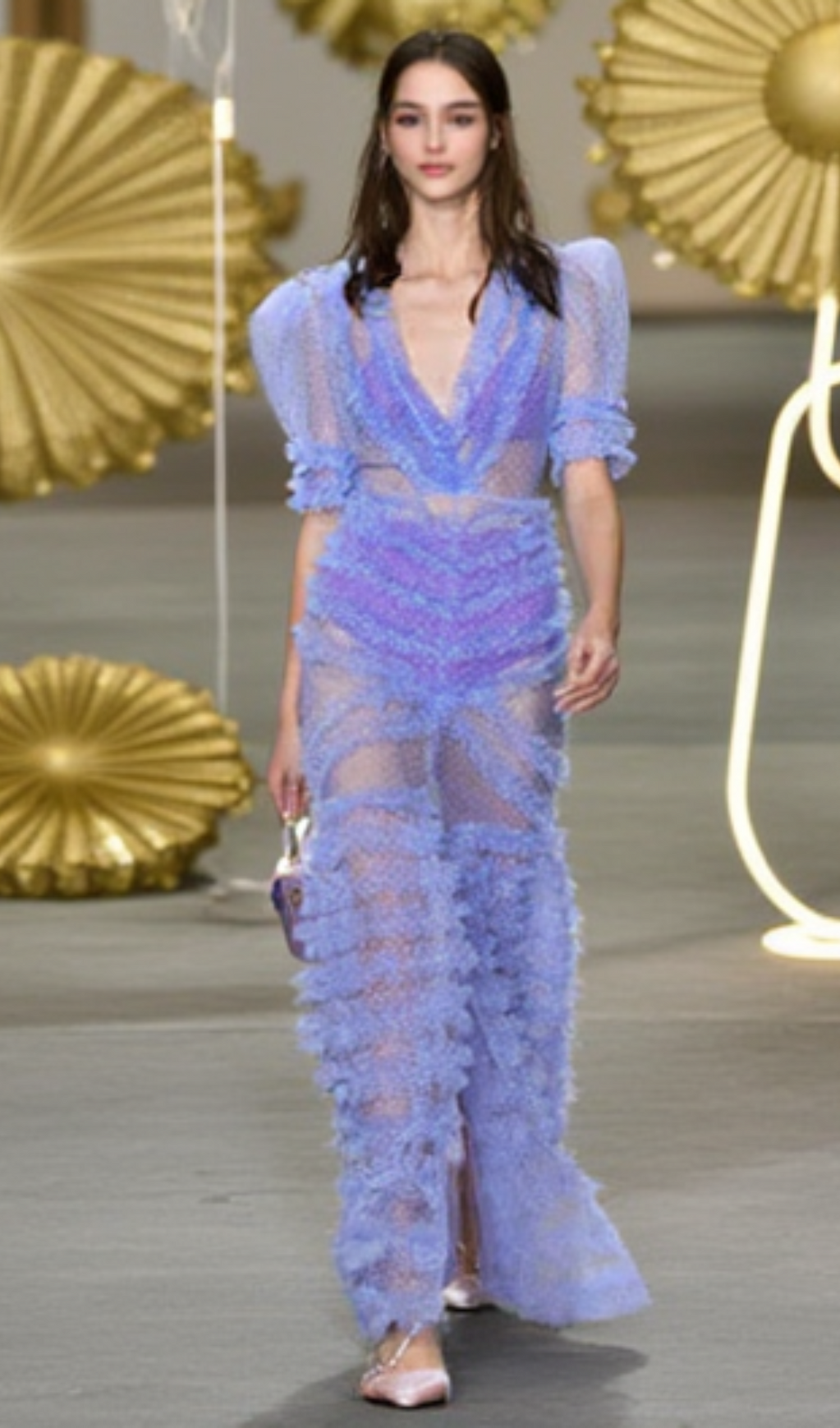 V-NECKLINE TIERED MESH GOWN IN BLUE