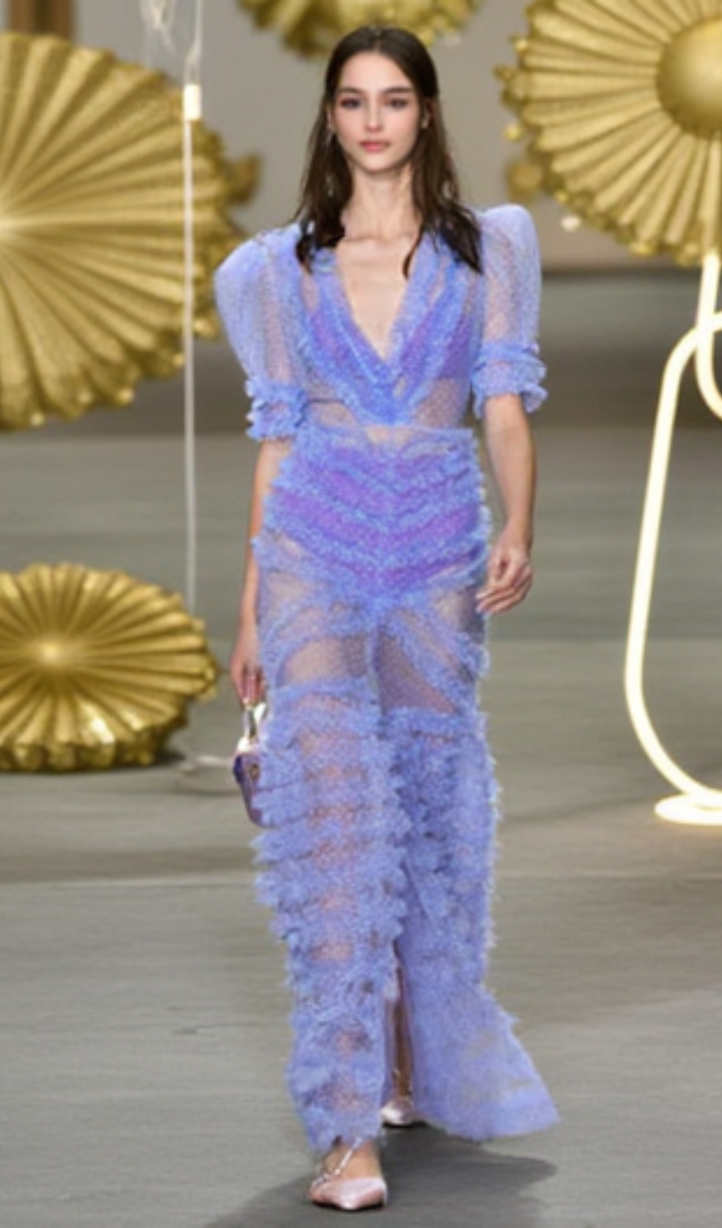 V-NECKLINE TIERED MESH GOWN IN BLUE