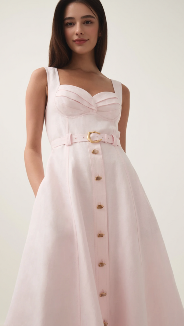 AIIZIE SWEETHEART NECKLINE BELTED MIDI DRESS IN PINK - product image
