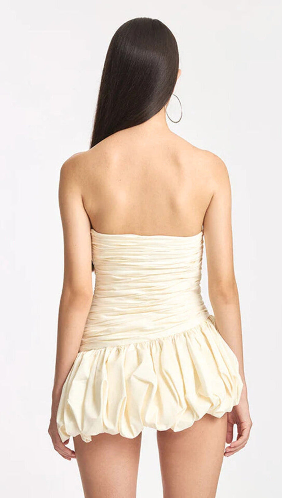 BALLOON DRAPED STRAPLESS MINI DRESS IN WHITE