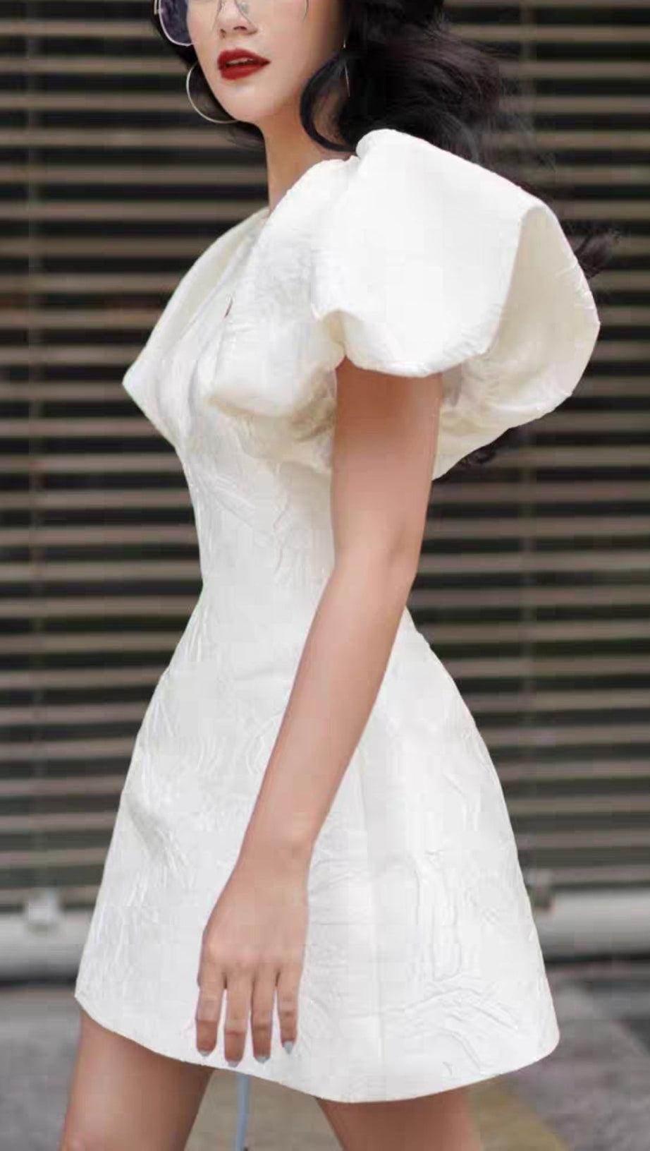 JACQUARD EMBOSSED V-NECK PUFF SLEEVES MINI DRESS