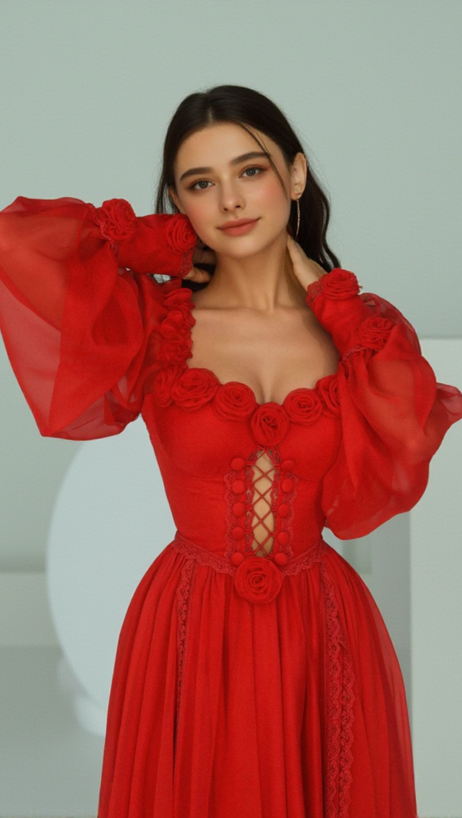 CHIFFON 3D FLOWER LONG SLEEVE MIDI DRESS IN RED