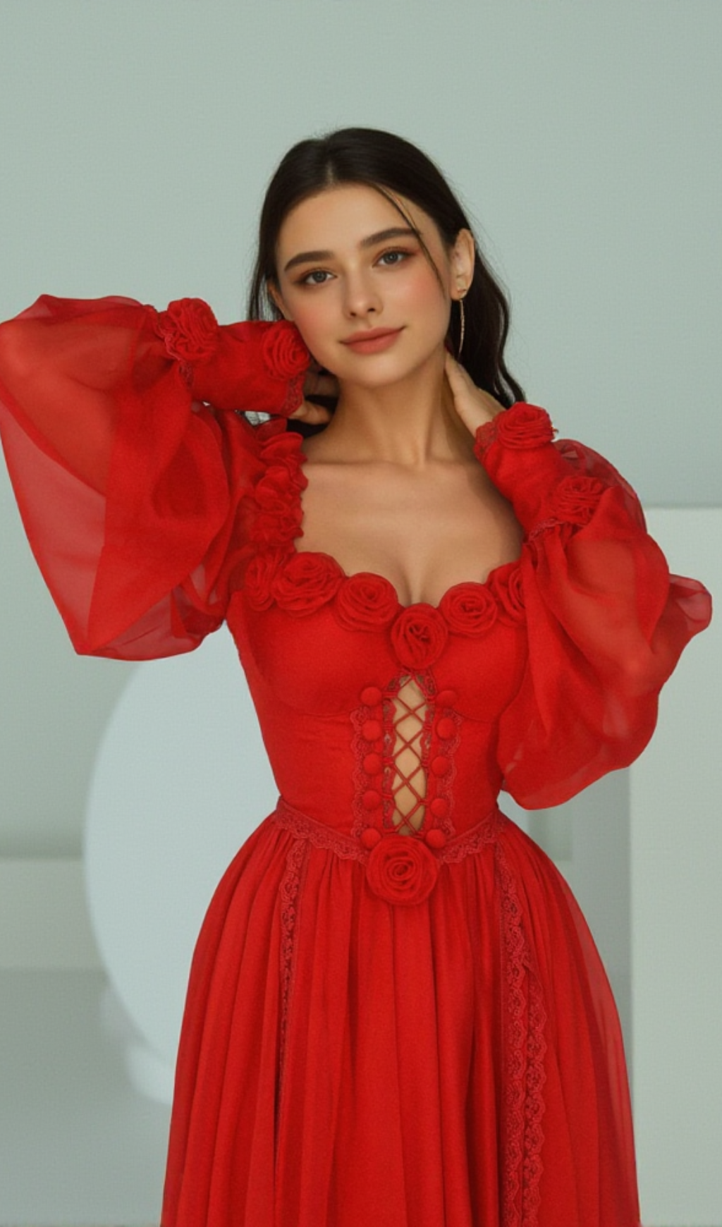 CHIFFON 3D FLOWER LONG SLEEVE MIDI DRESS IN RED