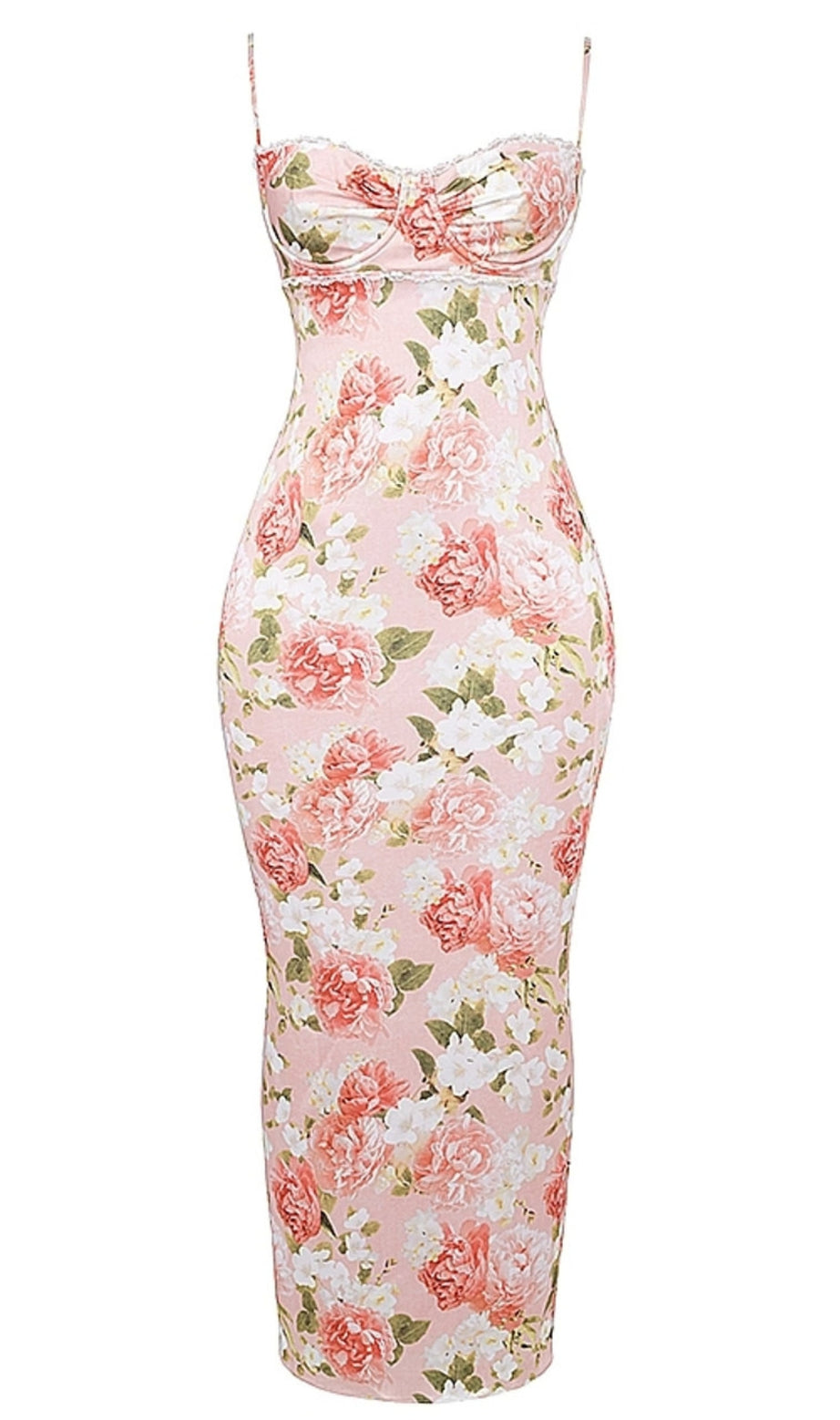 Abito lungo con bustier in pizzo e stampa floreale rosa