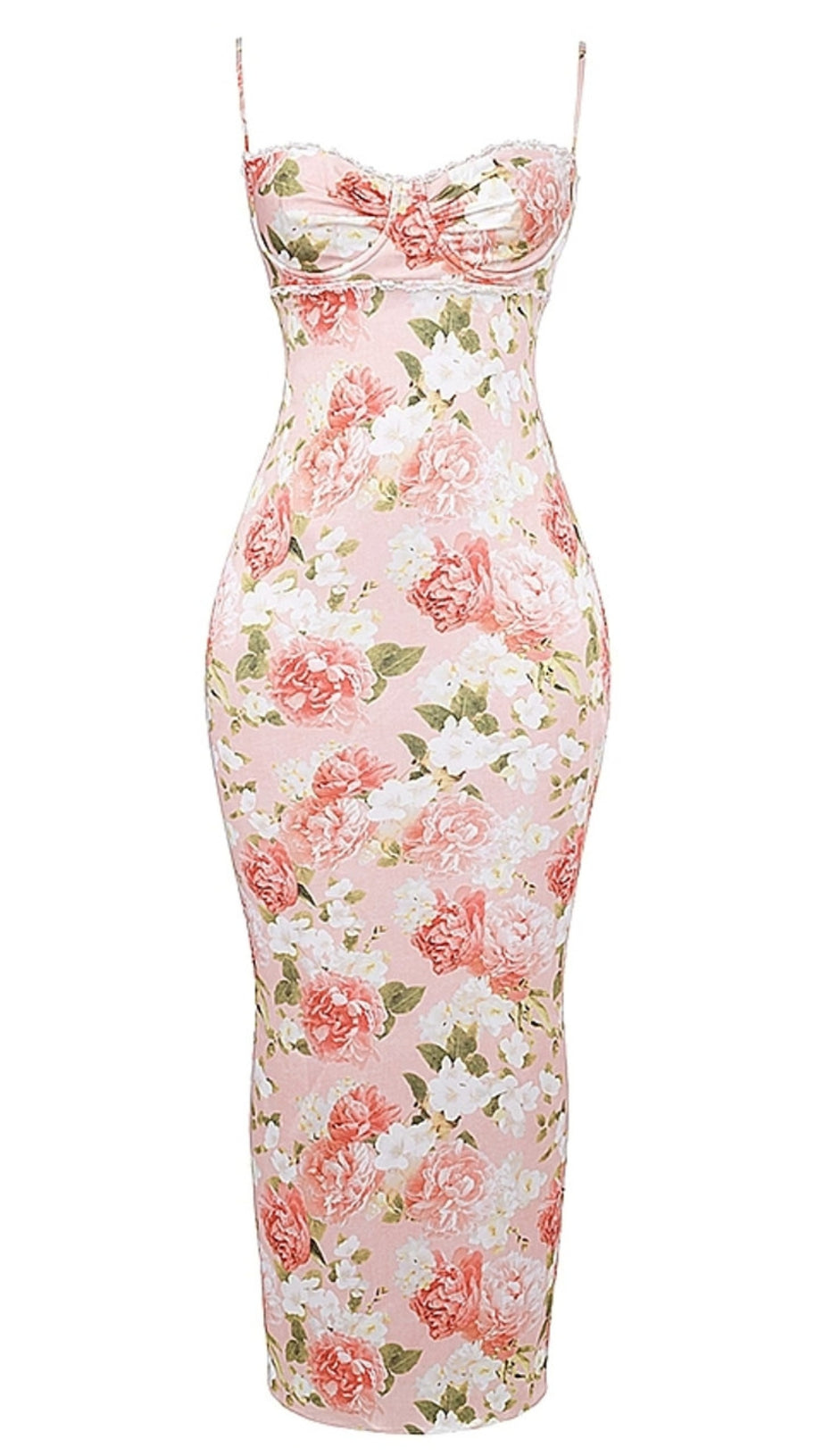 ABITO LUNGO IN PIZZO CON BUSTIER FLOREALE ROSA