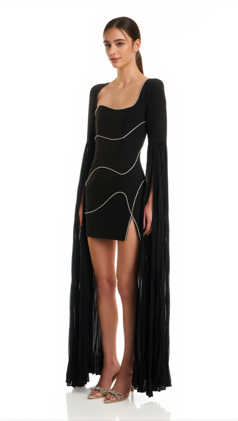 CRYSTAL-STRIPE BODYCON MINI DRESS IN BLACK