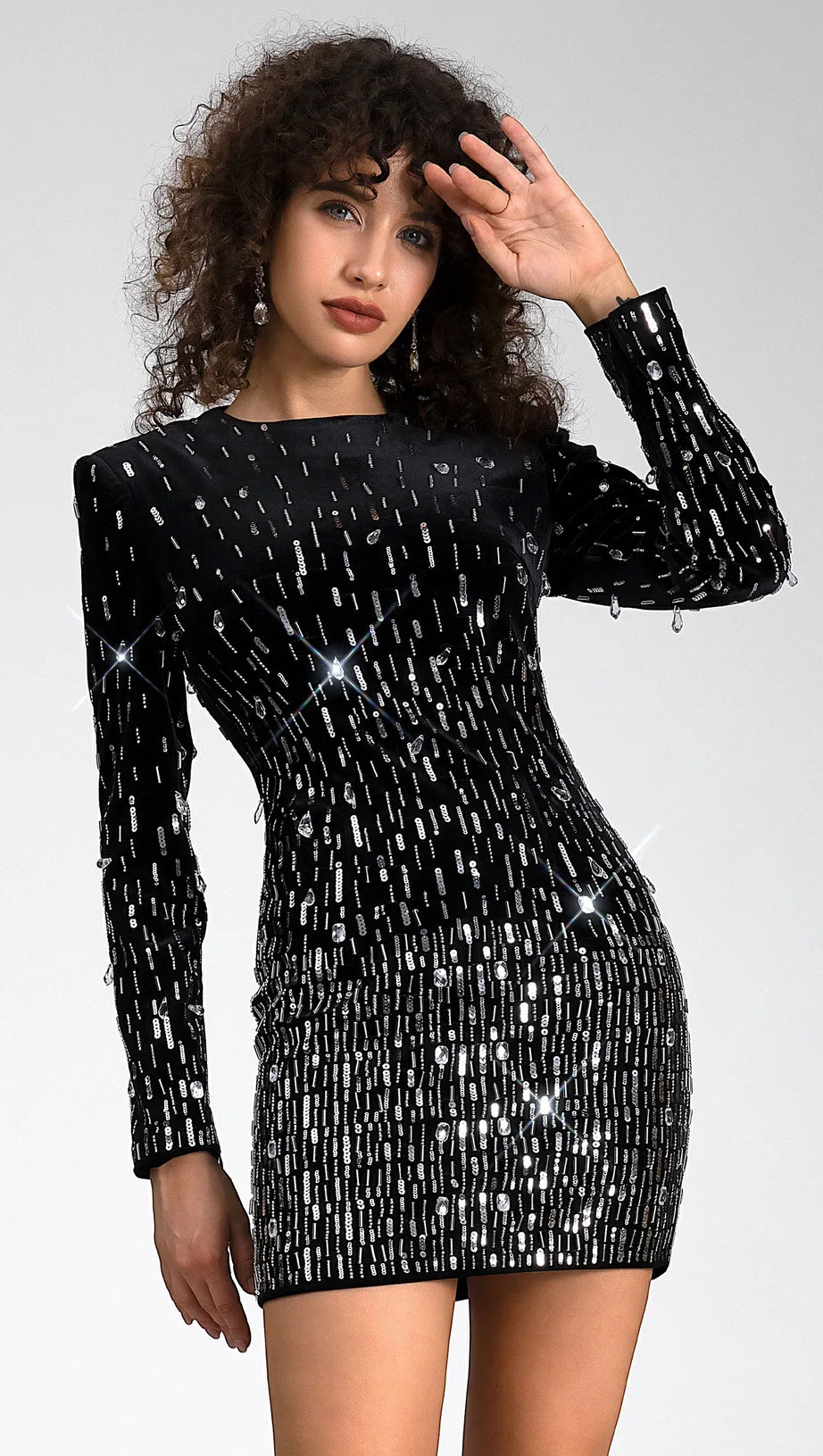 Moreas Langärmliges Pailletten-Samtkleid