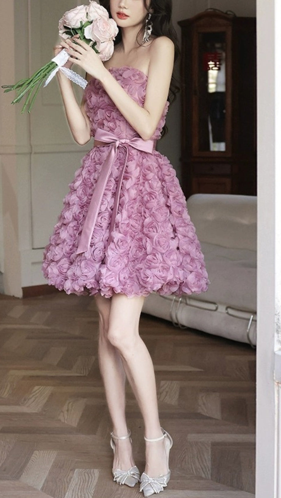 ROSE FLOWER STRAPLESS MINI DRESS