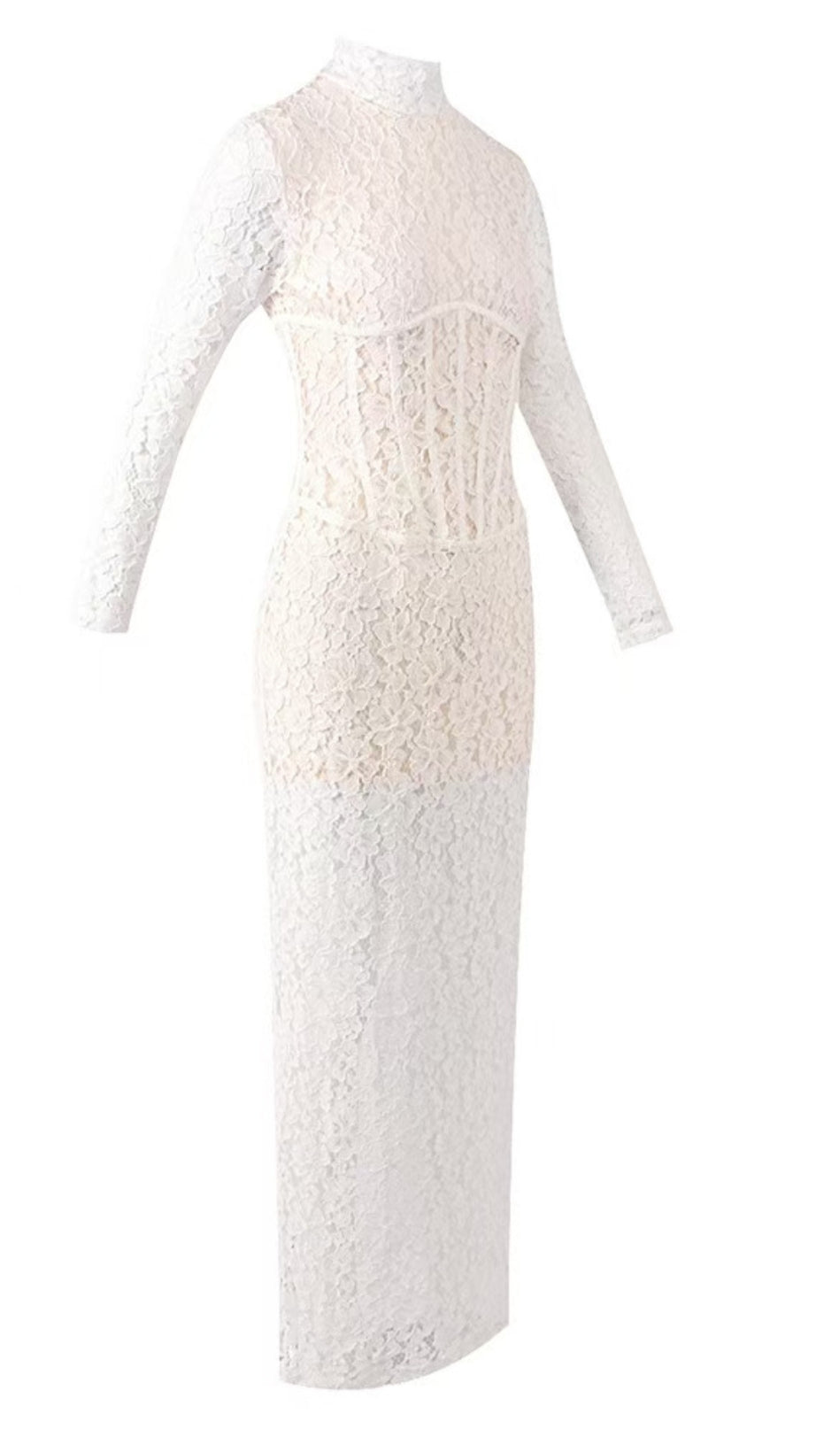 SEDUCTIVE WHITE LACE MOCK NECK MAXI DRESS