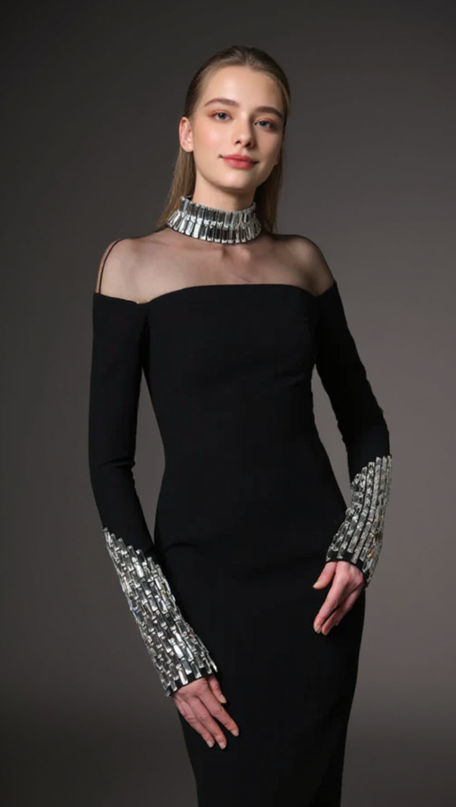 CRYSTAL EMBELLISHMENTS BLACK CRÊPE MAXI DRESS