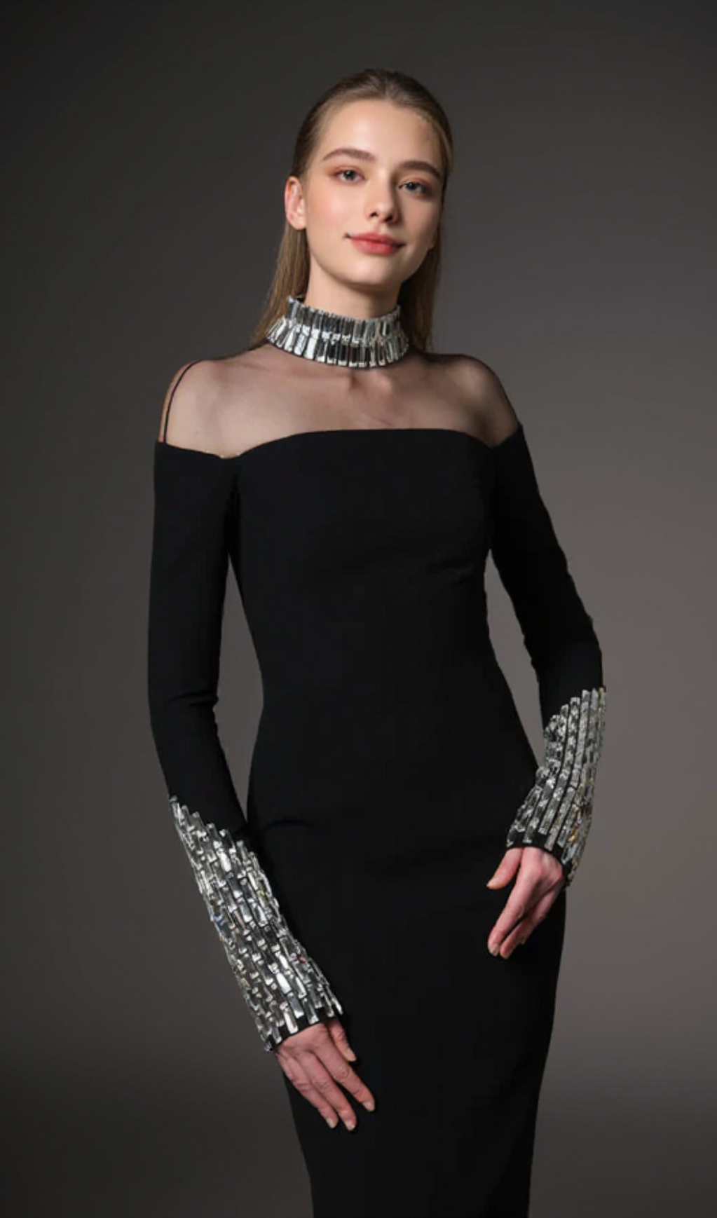 CRYSTAL EMBELLISHMENTS BLACK CRÊPE MAXI DRESS