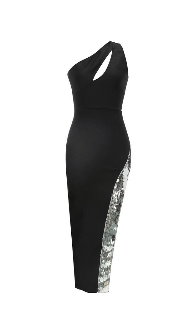 ABITO MIDI PHYLLIS MONOSPALLA CON ORLO IN PAILLETTES E SPACCO ALTO