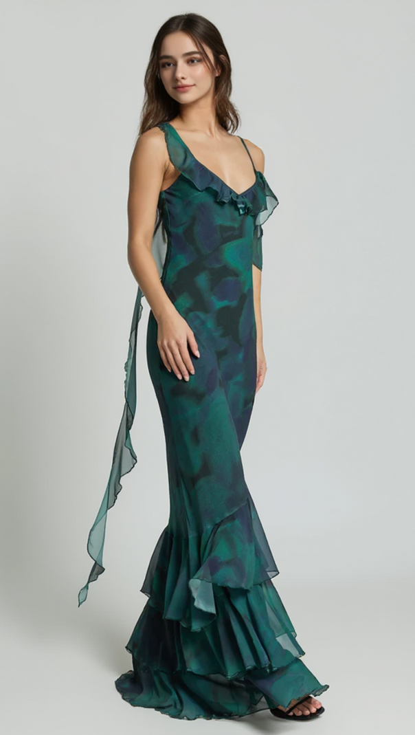 AIIZIE ASYMMETRIC RUFFLE DETAIL MAXI DRESS IN MOSS ADEANA - product image