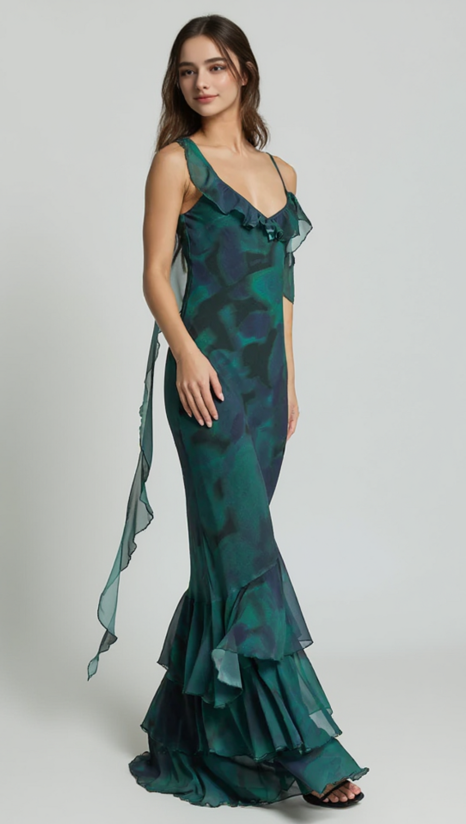 ASYMMETRIC RUFFLE DETAIL MAXI DRESS IN MOSS ADEANA