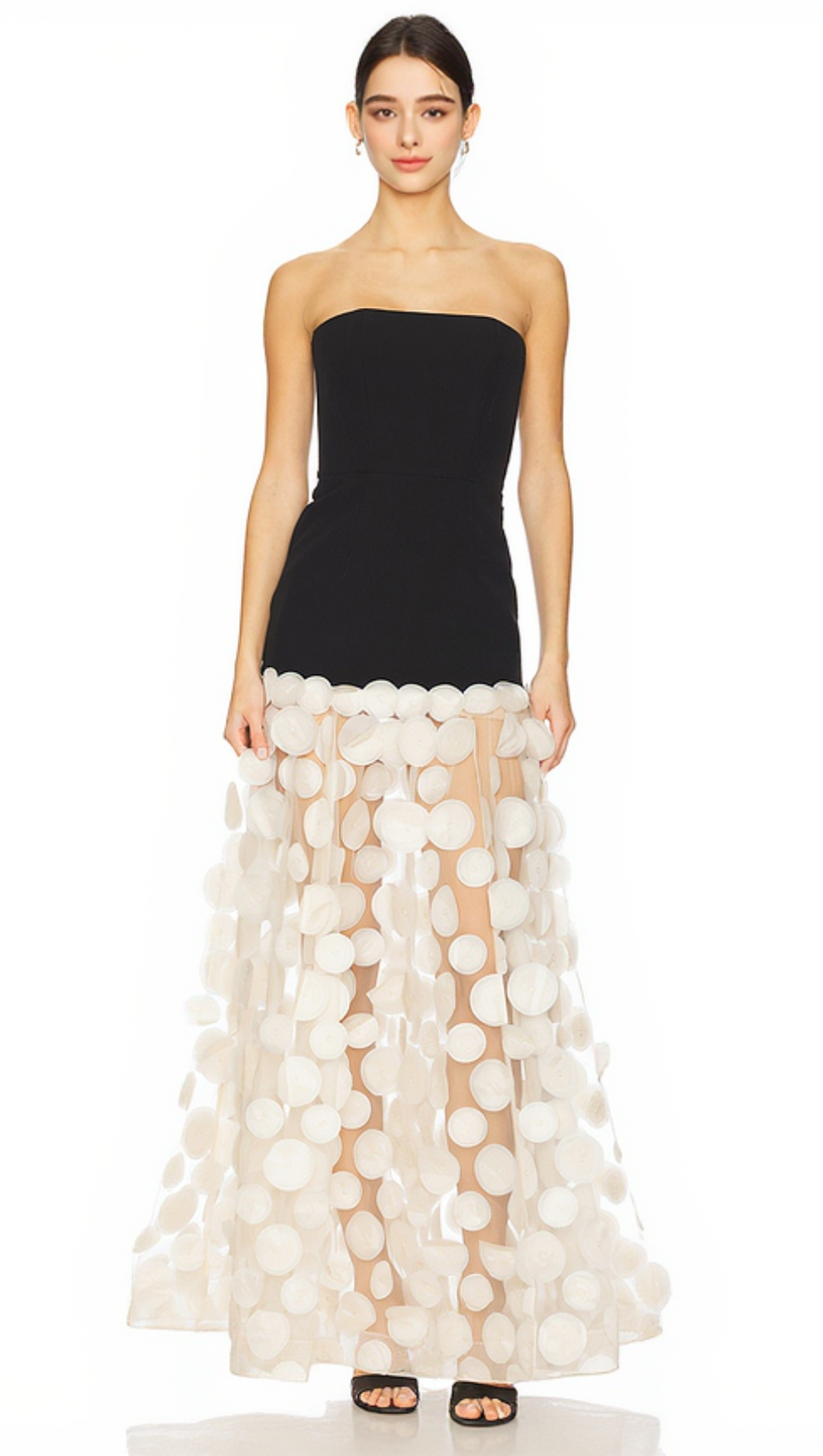 NODIN STRAPLESS DOT MESH MAXI DRESS